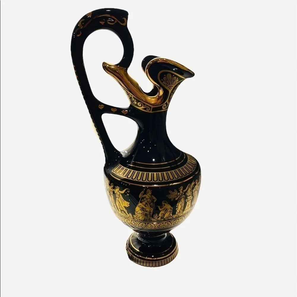 Vintage i. Spyropoulos Greek Black Mythology Vase.  Hand Made in Greece 24K Gold